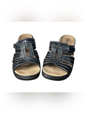Clarks Bendables Lexi Belle Women's Slide Sandals Black Leather Strappy Size 8 M